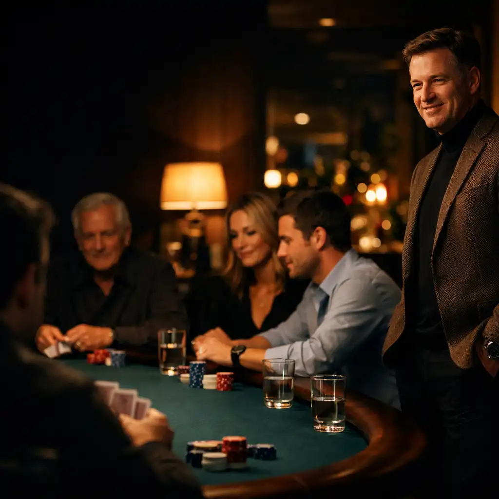 Host and adult guests gathered around a physical poker table in The Harvest Table card lounge