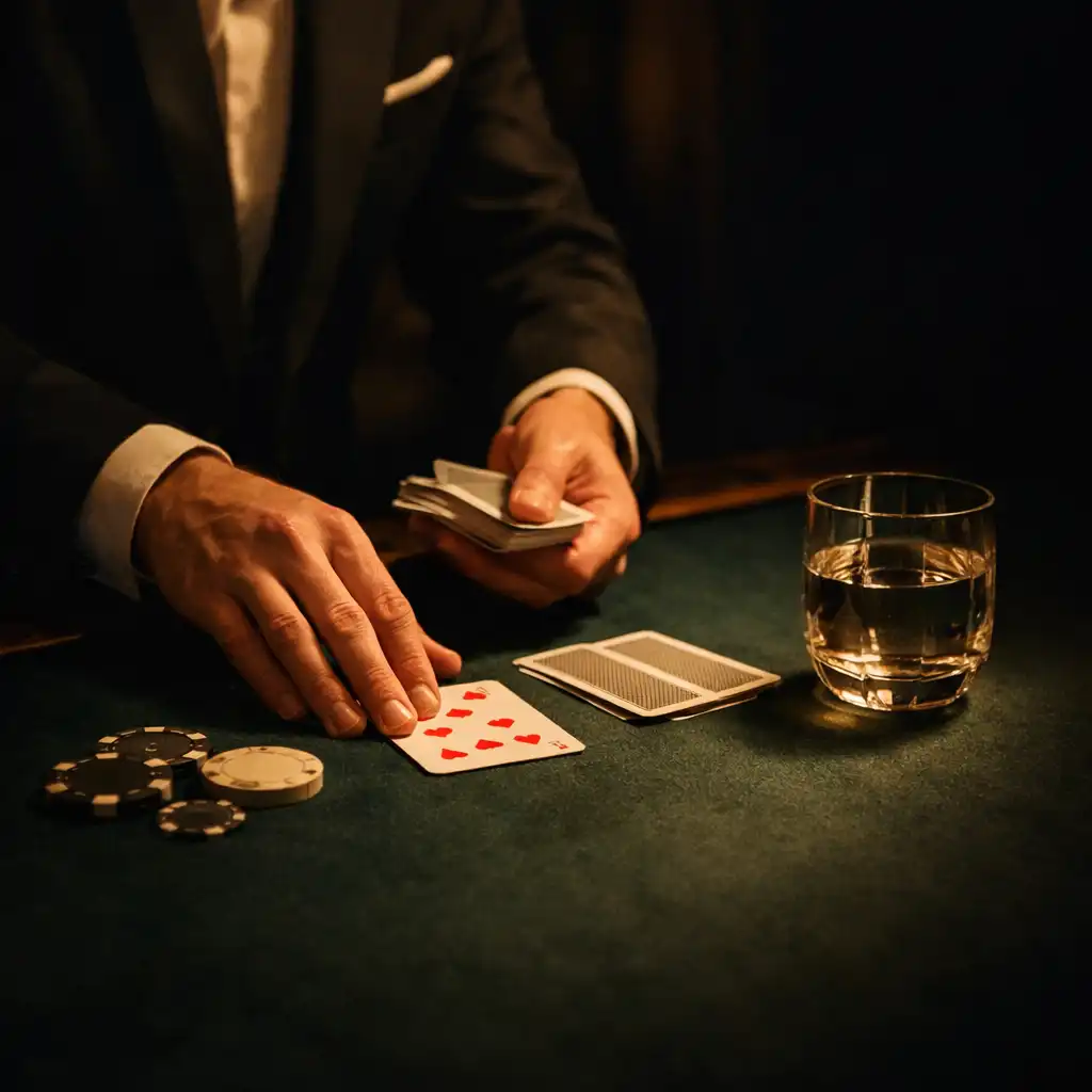 Host hands arranging cards on a felt table in the card lounge