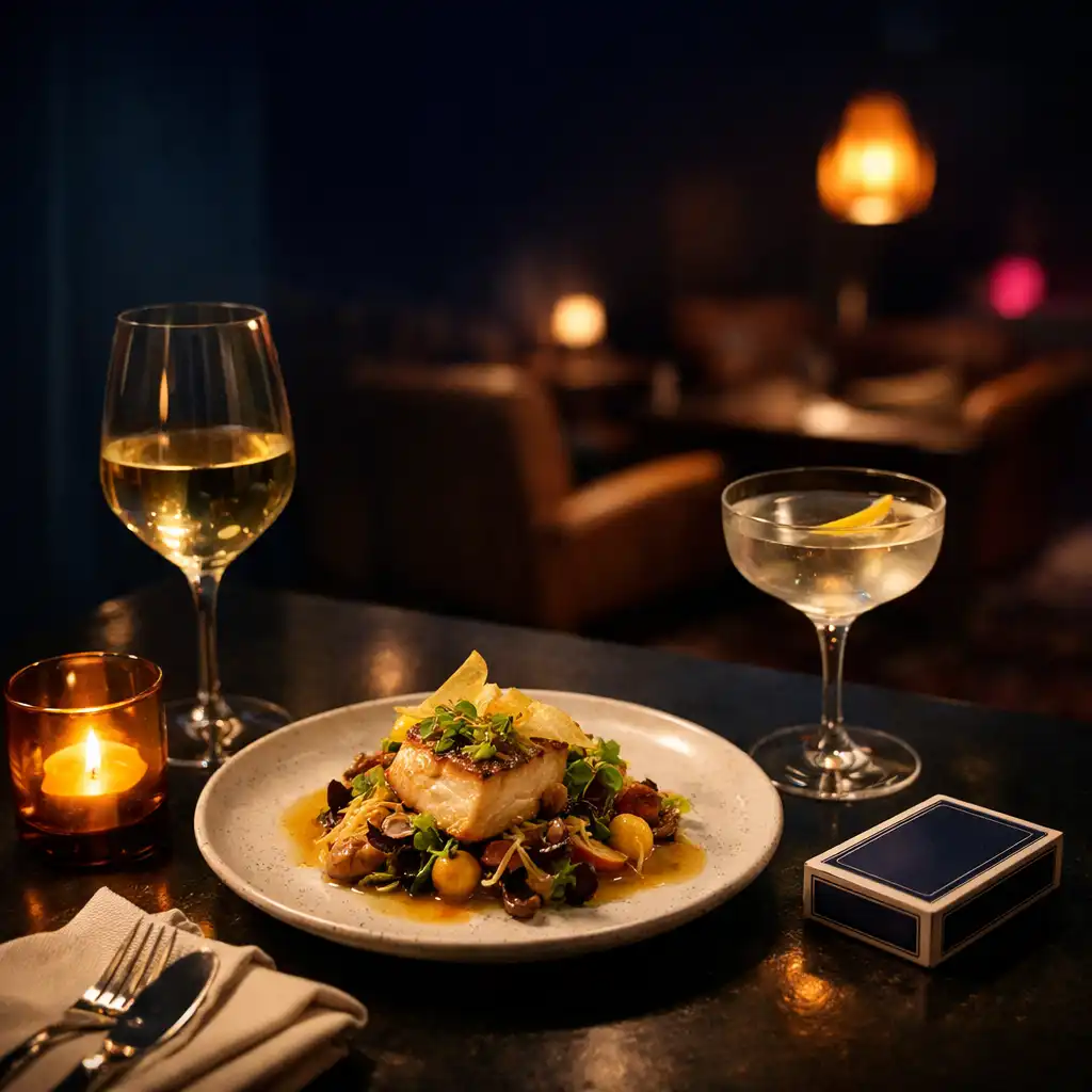 Seasonal dish, glassware and a deck of cards on a warmly lit restaurant table
