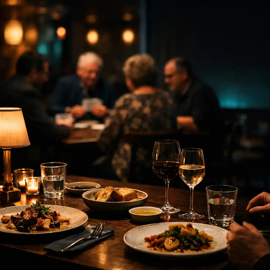 Warmly lit seasonal dining table with a card-lounge gathering in the background
