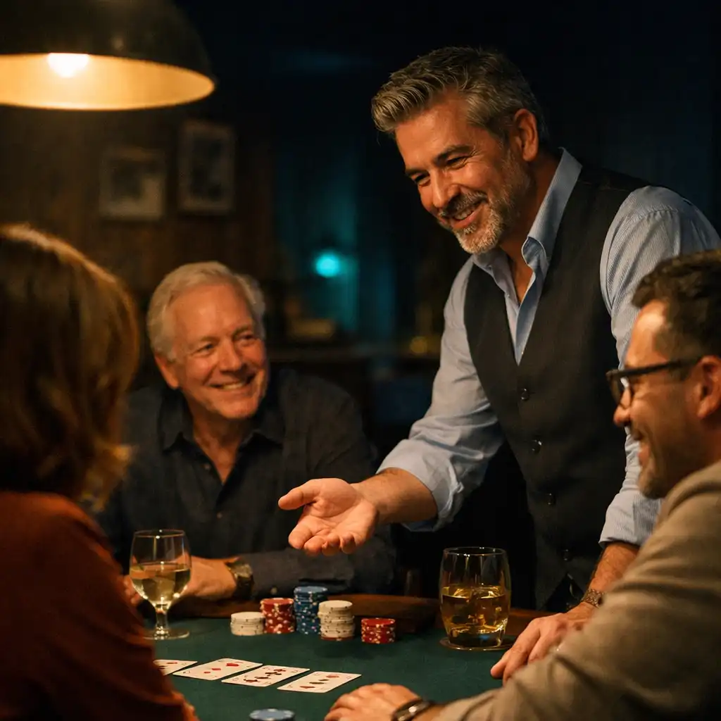 Host guiding guests around a felt card table in the restaurant lounge