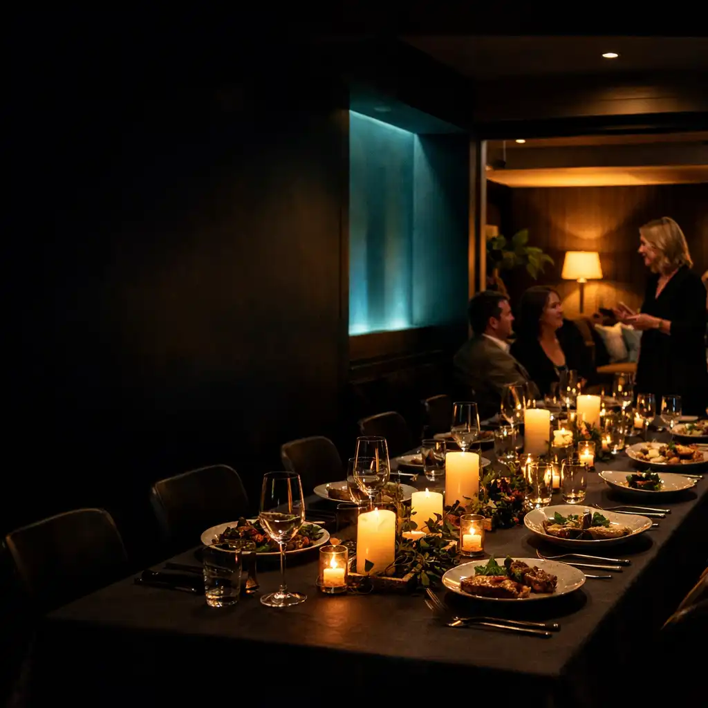 Long private dining table set for an evening gathering