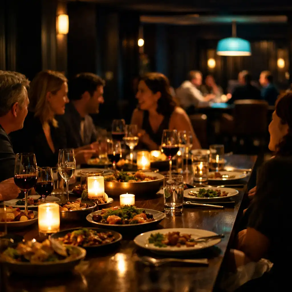 Shared dinner table with plates and glassware leading toward softly lit lounge space