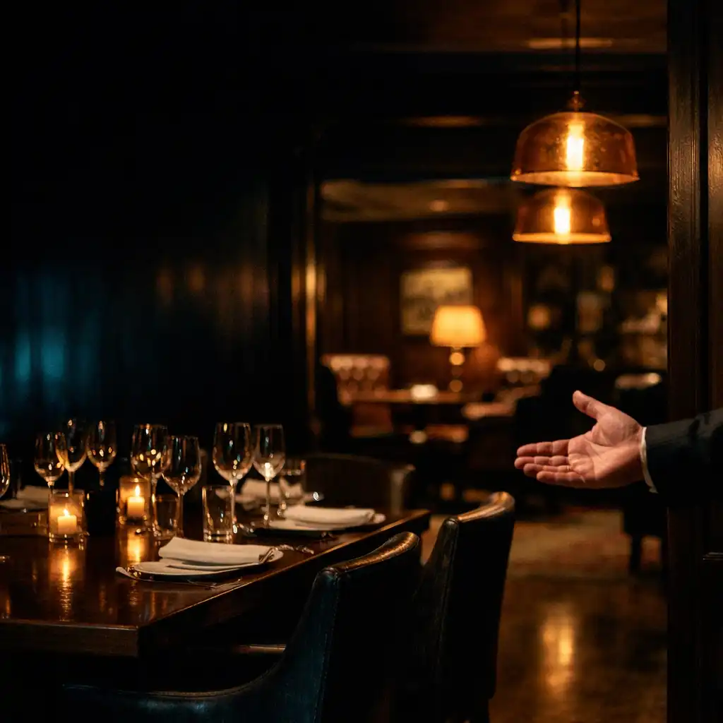 Warmly lit dining table near the entrance to The Harvest Table's lounge