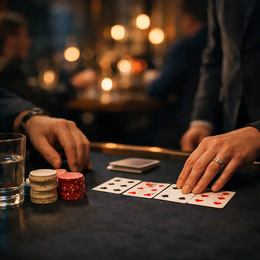 Hands arranging cards on a dark felt table in the lounge
