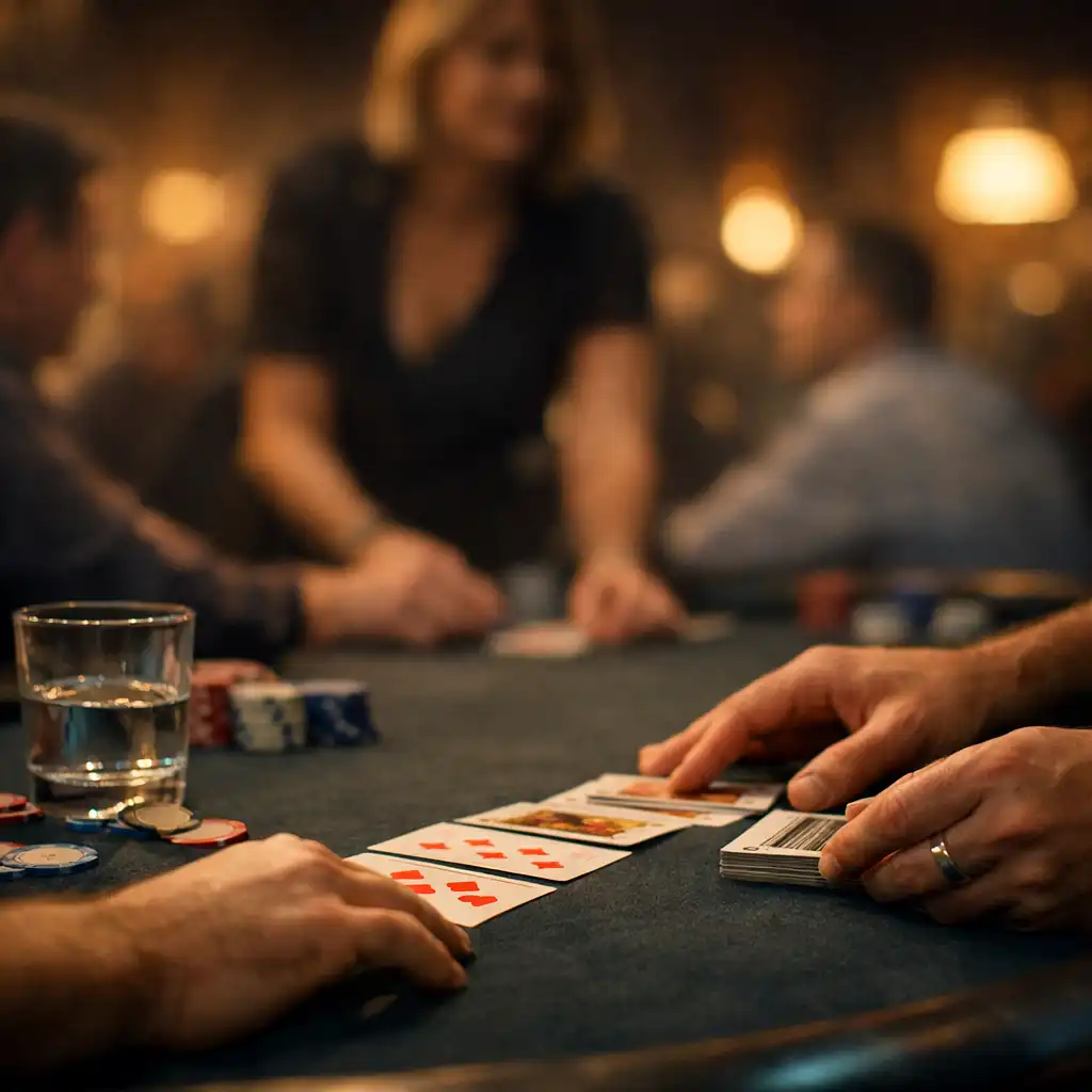 Hands arranging playing cards across a felt table during an in-person hosted card-lounge session