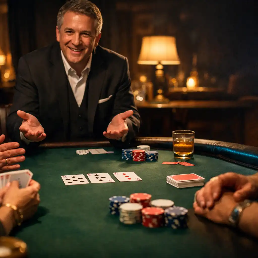 Hands, cards and a host gathered around a physical felt table in the card lounge