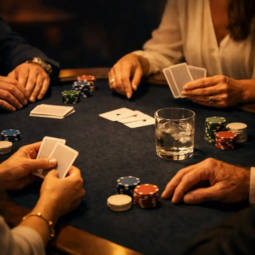 Hands arranging cards on a dark felt table with glassware in the lounge