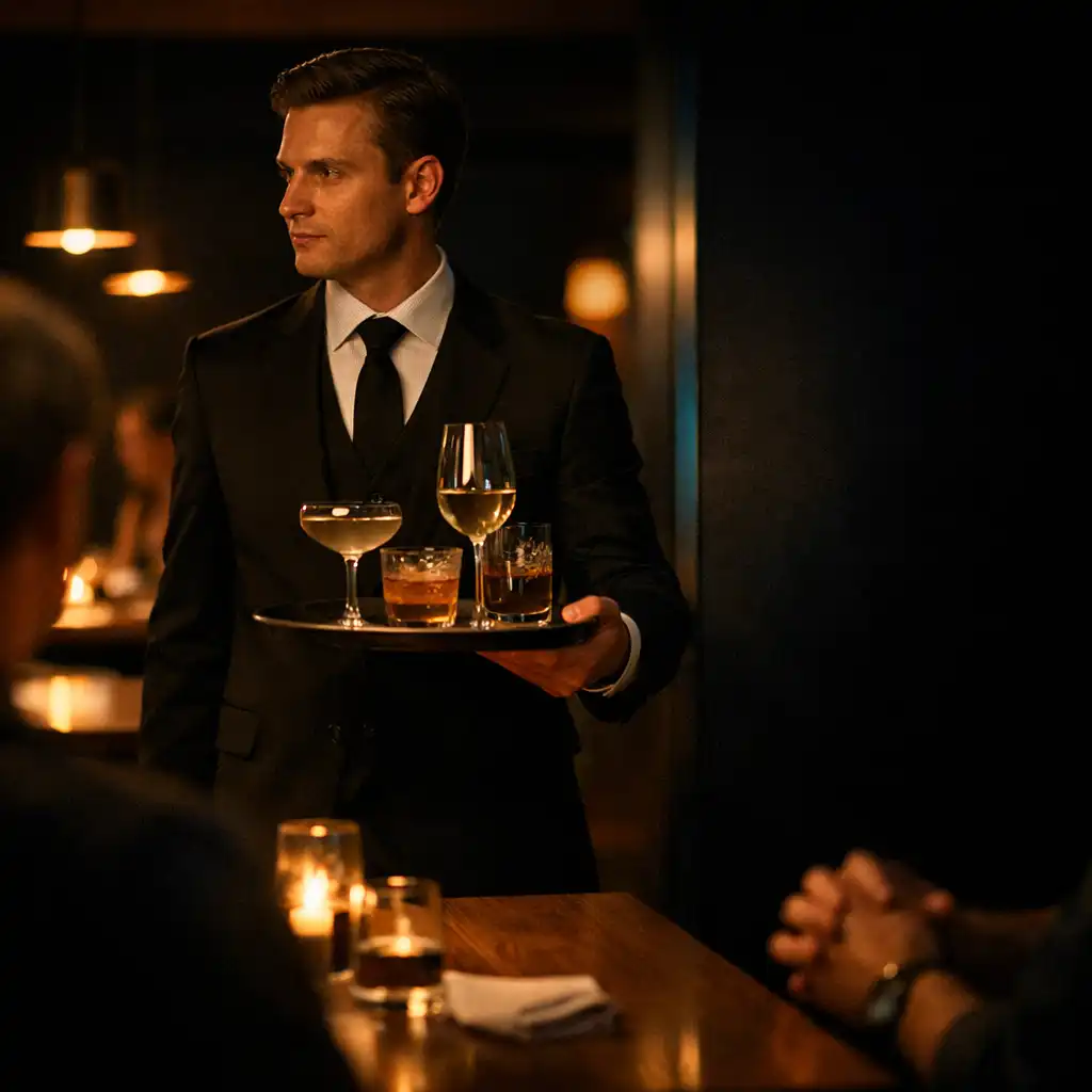 A server carrying a tray with glassware through the warmly lit lounge at The Harvest Table