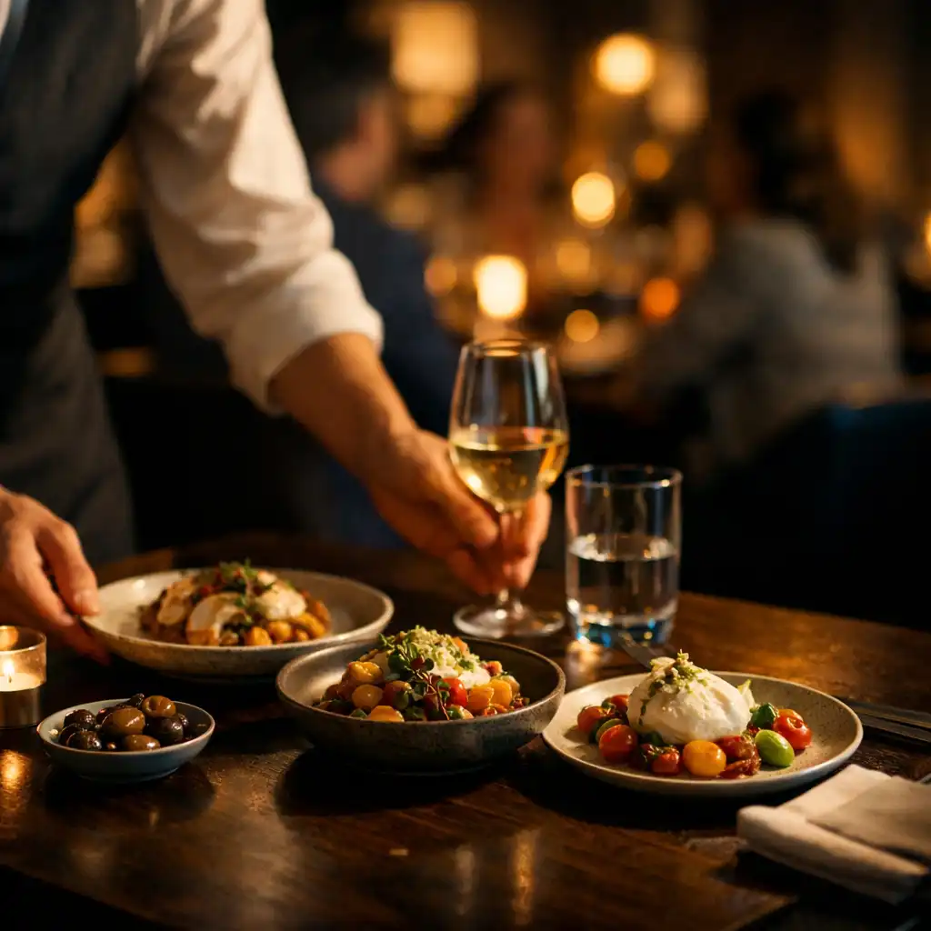 Seasonal plates and glassware being set on a dark timber table during lounge service