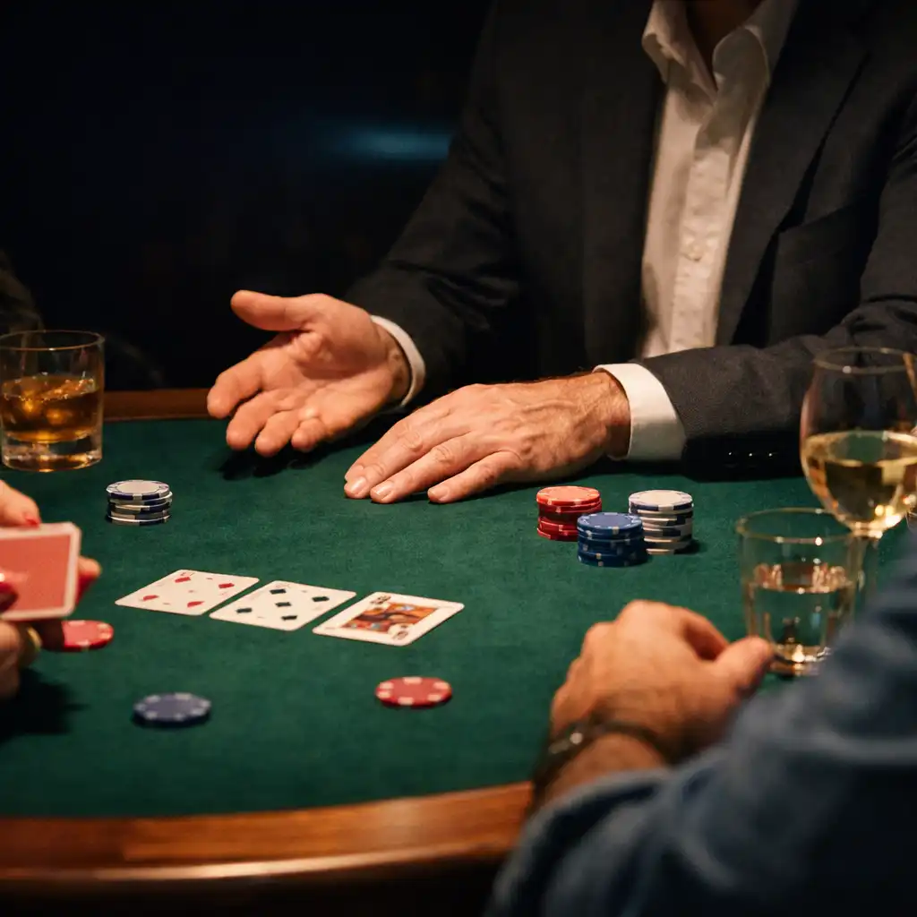 Host guiding adult guests around a felt poker table with cards and glassware