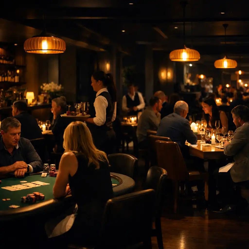 Dinner service alongside occupied hosted poker tables