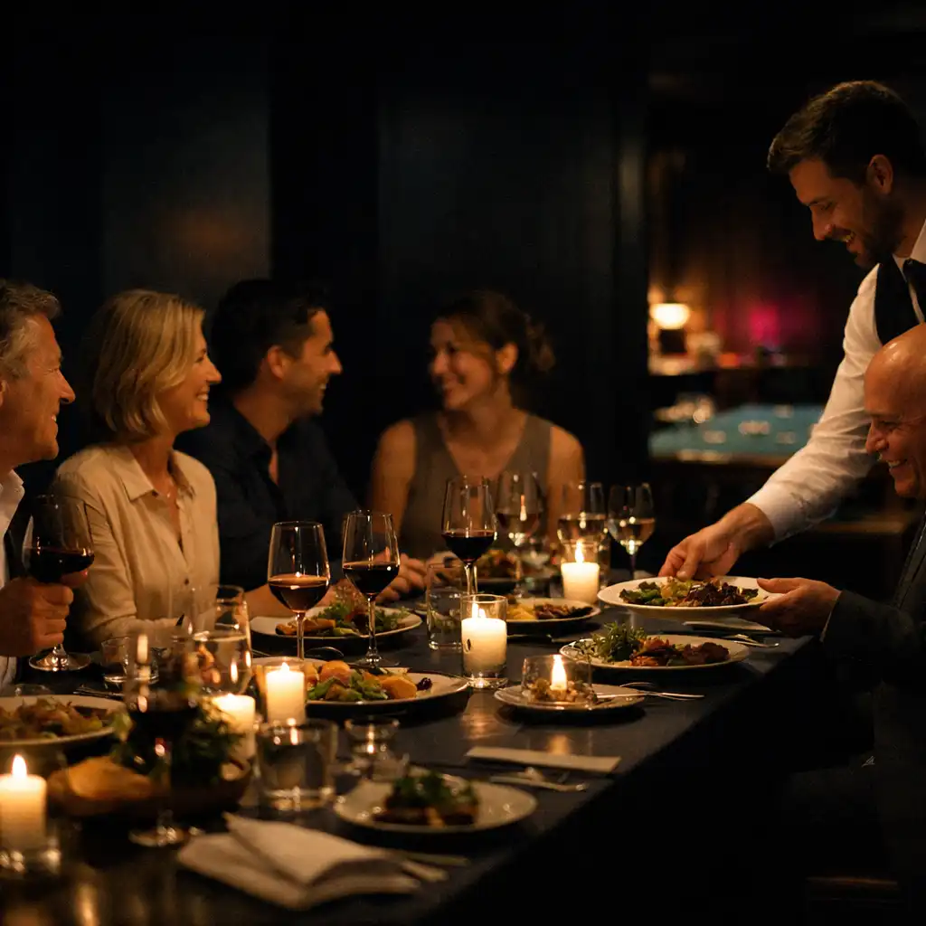 A small group sharing a private dinner around a long warmly lit table