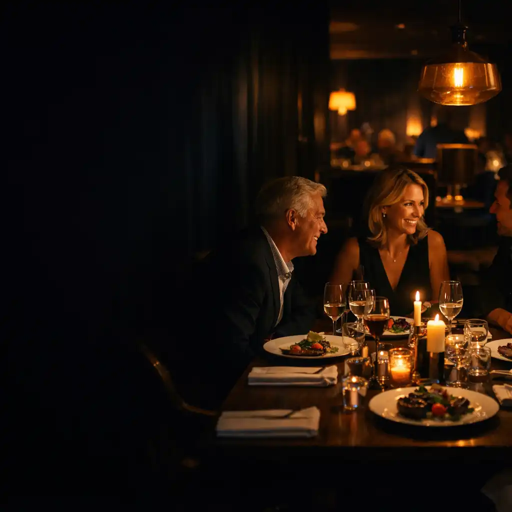 Guests gathered around a warmly lit seasonal dinner table at The Harvest Table