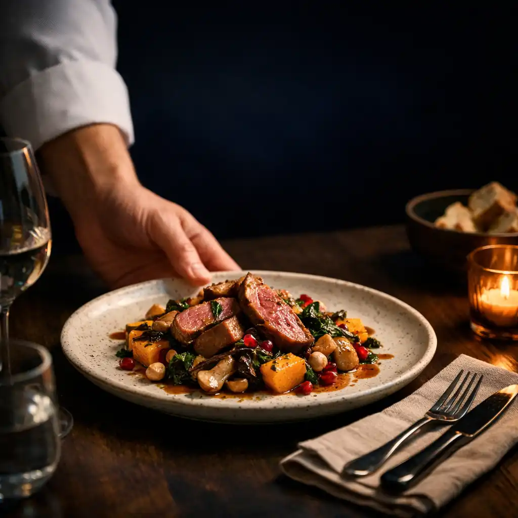 A finished seasonal plate being placed on a private dining table