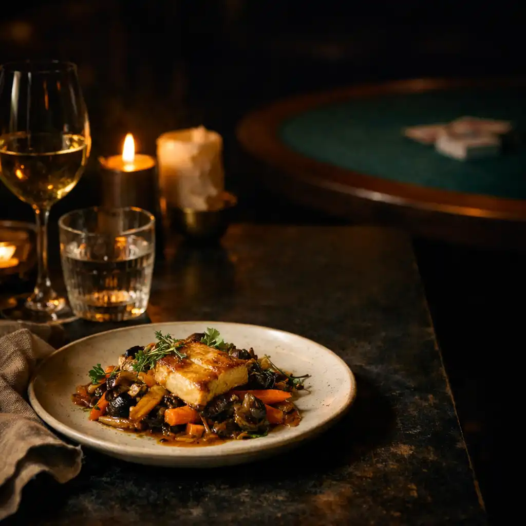 Seasonal dish with candlelit glassware at The Harvest Table
